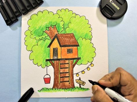 Hey Kids! Thanks for watching it. In this video, we will learn about how to draw a Tree House. Tree House Drawing Easy, Tree House Drawing Simple, Tree House Drawing For Kids, Kindergarten Drawing Ideas, Tree Drawing For Kids, Tree House Drawing, Basic Drawing For Kids, Draw A Tree, Drawing Pictures For Kids