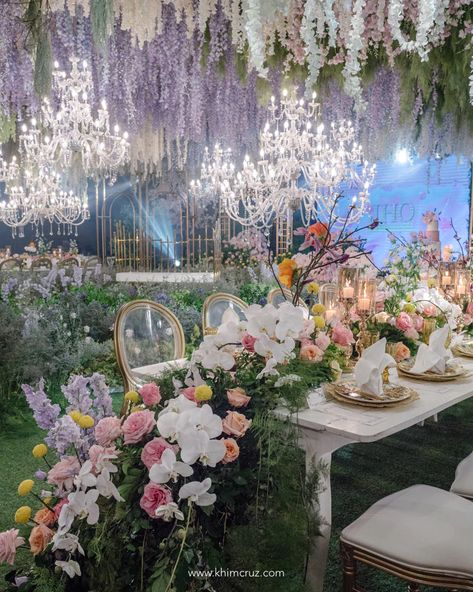 Debut Event Style, Birthday Decor Garden, Fairytail Garden Wedding, Event Garden Design, 18th Birthday Flower Decorations, Winx Club Wedding, Spring Garden Wedding Theme, French Garden Theme Wedding, Magic Garden Wedding