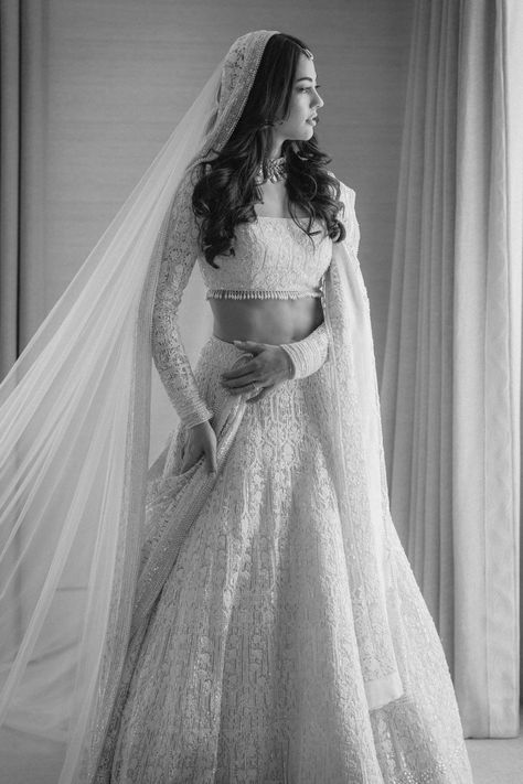 Indian White Wedding Dress, Pastel Lehenga Bridesmaid, Nikkah Board, Reception Dress Bride Indian, White Bridal Lehenga, White Reception Dress, Sisters Before Misters, Lisa Haydon, Bride Reception Dresses