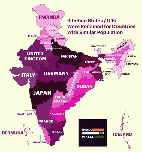 If Indian states were renamed after countries with similar population - Vivid Maps India World Map, 2 States, Indian States, Indian History Facts, Geography Map, Interesting Facts About World, India Facts, Geography Lessons, Gk Knowledge