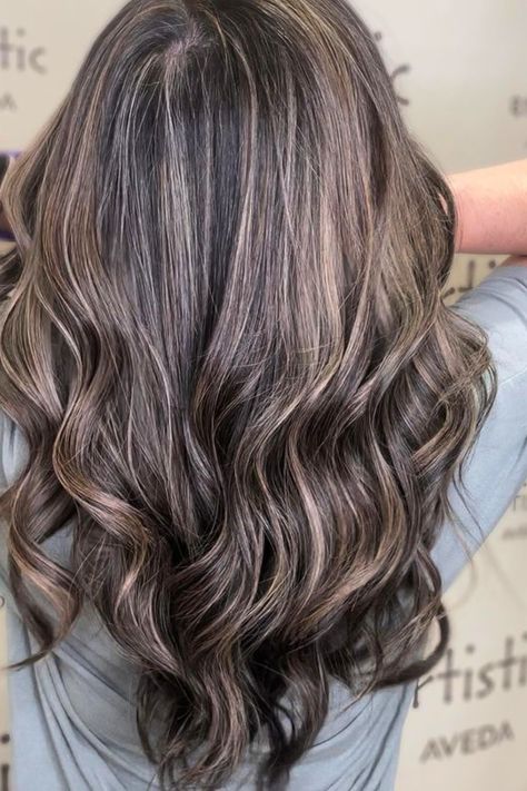 35 Grey Blending Highlights Brunette - Stylish Hair Ideas Grey Blending Highlights Dark Brown, Grey Blending Highlights Brunette, Blending Highlights, Grey Blending Highlights, Gray Highlights Brown Hair, Brown Hair With Silver Highlights, Greying Hair, Brunette Tones, Highlights Brunette