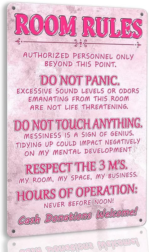 Amazon.com: Pink Teen Girl Bedroom Decor - Cute Metal Tin Sign With Room Rules, Aesthetic and Preppy Decorations for Bedroom, 12 X 8 Inch : Home & Kitchen Pink Teen Girl Bedroom, Room Rules, Teen Room Designs, Preppy Bedroom Decor, Room Decor For Teens, Decorations For Bedroom, Preppy Bedroom, Diy Room Decor For Teens