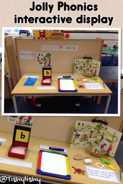 Jolly Phonic interactive display  Roll and write letter Write in the sand Write on the whiteboard Sort the sound Sound Of The Week Display, Phonics Area, Early Years Ideas, Phonics Display, Roll And Write, Jolly Phonics Activities, Phonics Learning, Phonics Ideas, Sand Writing