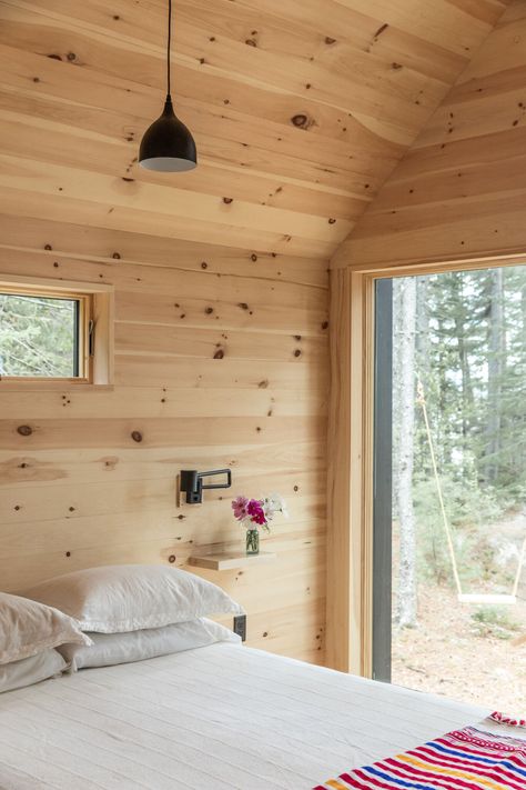 Knotty Pine Rooms, Remodel Cabin, Nordic Cabin, Minimalist Cabin, Knotty Pine Walls, Maine Cabin, Pine Bedroom, Pine Cabin, Cottage Tiny House