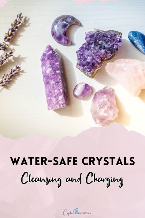 Text: Water Safe Crystals Cleansing and Charging, the photo shows amethyst healing crystals and rose quartz stones What Crystals Can Go In Water, Which Crystals Can Go In Water, Crystals You Can Put In Water, Crystals And Water, How Often To Cleanse Crystals, Crystals For Bath, Water Crystals, Cleansing Vs Charging Crystals, Water Safe Crystals