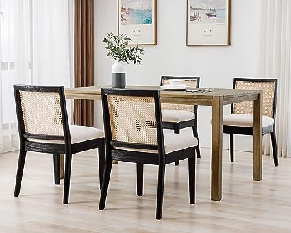 Amazon.com - LIVINOVA Farmhouse Rattan Dining Chairs Set of 4, Mid Century Modern Kitchen & Dining Room Chairs, Cane Upholstered Kitchen Chairs Side Chairs with Black Hardwood Frame, Beige - Chairs Modern Kitchen Dining Room, Wood Dining Room Chairs, Cane Dining Chairs, Modern Kitchen Dining, Wooden Dining Room Chairs, Black Dining Room Chairs, Dining Chairs Set Of 4, Midcentury Modern Dining Chairs, Farmhouse Dining Chairs