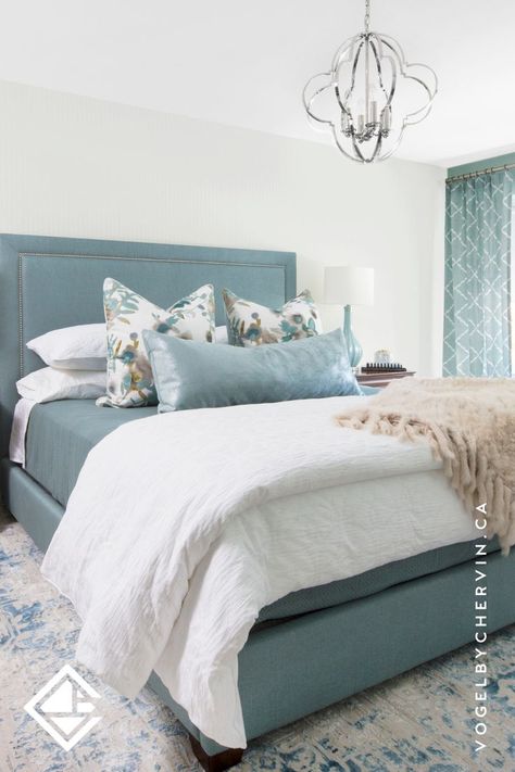 Custom upholstered headboard and matching throw pillows. Light Blue Headboard, Headboard Pillows, Headboard Vintage, Blue Velvet Headboard, Living Room Furniture Inspiration, Custom Bed Frame, Light Blue Velvet, Blue Headboard, Light Blue Fabric