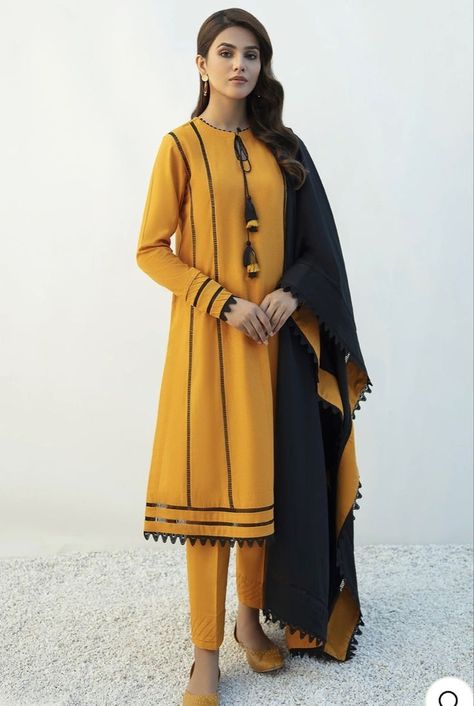 #mustardcolour, mustard colour kurti, mustard color kameez, mustard colour suit, mustard color dress, mustard color suit design, Dress Outfits Winter, Mustard Color Dress, Festival Outfit Summer, Summer Fashion Dresses Casual, Trending Dress, Dressing Design, Girls Dresses Sewing, Lace Dress Design, Pakistani Fashion Casual