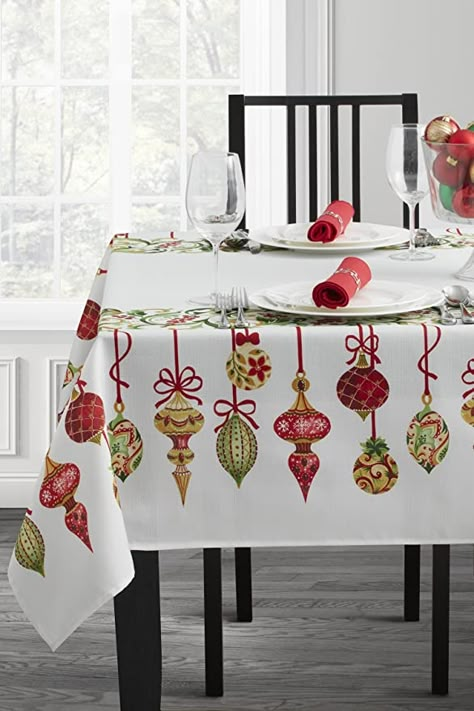 Fitted Table Cover, Holiday Tablecloths, Fabric Trimmings, Christmas Tablecloth, Fabric Table, Tablecloth Fabric, Winter And Christmas, Christmas Table Cloth, Ornaments Design