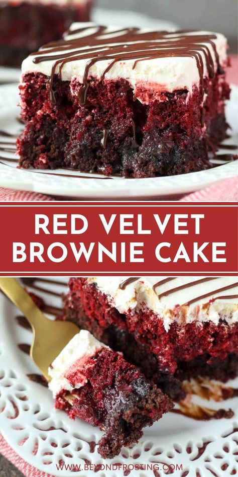 A fudgy brownie meets a moist and tender red velvet poke cake in this mouthwatering dessert. Topped with a light 2-ingredient cream cheese frosting and a drizzle of hot fudge, you're going to obsess over this Red Velvet Brownie Cake! Brownie Poke Cake, Red Velvet Poke Cake, Beyond Frosting, Tasteful Recipes, Easy Red Velvet, Cake Breakfast, Heavenly Recipes, Red Velvet Brownies, Red Velvet Cake Recipe