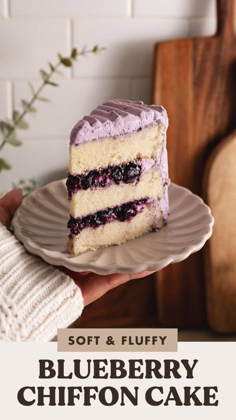 Blueberry Chiffon Cake Chiffon Layer Cake, Blueberry Chiffon Cake Recipe, Blueberry Chiffon Cake, Blueberry Sponge Cake, Blueberry Whipped Cream, Blueberry Birthday Cake, Blue Berry Cake, Blueberry Shortcake, Cake With Layers