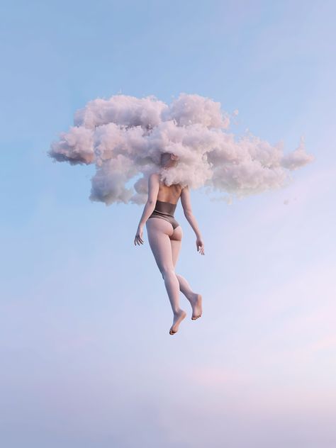 Dreamer I by Ivan Beoulveis a part of a future series I want to develop portraits of levitating bodies with their heads surrounded by clouds the clouds will change in tone shape and color to represent different emotions the state of mind of the model will be represented on the pose I present it with aswell. this one is enjoyment. Photographie Portrait Inspiration, Conceptual Photography, Photo Reference, Surreal Art, The Clouds, Art Reference Photos, Creative Photography, Collage Art, Digital Artwork