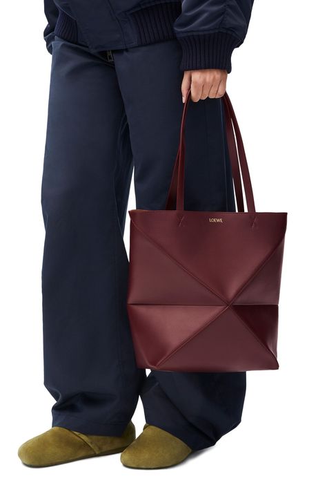 LOEWE Medium Puzzle Fold tote in shiny calfskin Dark Burgundy Costume Department, Denim Wallet, Bag Wishlist, Loewe Puzzle, Seasonal Outfits, It Bag, Dark Burgundy, Hobo Bags, Leather Denim