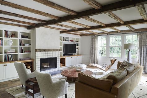 Accentuating This Living Room’s Low Ceiling Actually Made It Feel Huge Farmhouse Living Room Makeover, Living Room Makeover Ideas, Grey Fireplace, Room Makeover Ideas, French Oak Flooring, Modern Farmhouse Living, Home Decor Ideas Living Room, Modern Farmhouse Living Room, Farmhouse Living Room