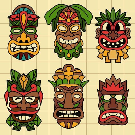 Tiki mask hawaiian cartoon illustration | Premium Vector #Freepik #vector #tribal-mask #tiki-mask #tiki #african-mask Mayan Mask, Tiki Faces, Tiki Mask, Children's Mask, African Mask, Clay Art Projects, Ceramics Projects, Tiki Bar, Cartoon Illustration