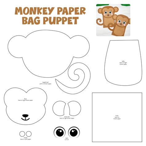 Printable Paper Bag Puppet Template Paper Bag Monkey Craft, Paperbag Puppets For Kids Free Printable, Paperbag Puppets Templates, Monkey Paper Bag Puppet, Animal Paper Bag Puppets Free Printable, Puppet Template Printables, Puppet Printable Free, Paper Bag Template Free Printable, Monkey Template Free Printable