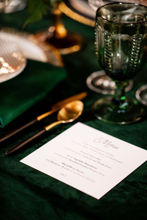 Green Velvet Tablescape, Emerald Green Tablescape, Green And Gold Winter Wedding, Green And Gold Table Setting, Wedding Menu Ideas Food, Emerald And Gold Wedding, Green Table Settings, Wedding Menu Ideas, Dinner Party Style