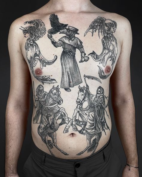 LeonKa.art chest tattoo etching tattoo style. Riders and mythological creatures and plague doctor. Soviet Prison Tattoo, Art Chest Tattoo, Engraving Style Tattoo, Lower Abdomen Tattoo, Plague Doctor Art, Plague Doctor Tattoo, Russian Prison Tattoos, Abdomen Tattoo, Doctor Tattoo