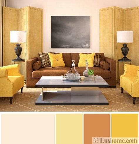 Sunny Yellow and Brown Colors Inspired by Delicious and Healthy Holiday Treats Brown Leather Sofa Living Room, Grey And Brown Living Room, Brown And Blue Living Room, Furniture Color Schemes, Brown Sofa Living Room, Living Room Brown, Brown Living Room Decor, Brown Couch Living Room, Cream Living Rooms