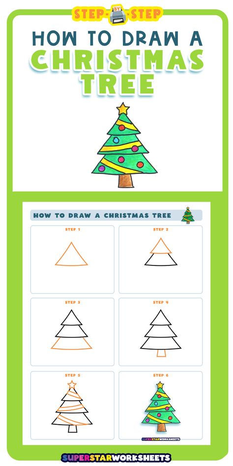 🎄This step-by-step Christmas Tree drawing tutorial will help your students create their own holiday tree in 6 easy steps! Featuring simple black outline drawings and illustrations, our Christmas Tree drawing guide is quick and easy for beginners. How to Draw a Christmas Tree Xmas Tree Drawing For Kids, Christmas Directed Drawing For Preschool, How To Draw A Simple Christmas Tree, How To Draw A Xmas Tree, How To Draw Christmas Tree Step By Step, Christmas How To Draw For Kids, Christmas Tree Directed Drawing For Kids, Easy To Draw Christmas Tree, How To Draw An Elf Step By Step