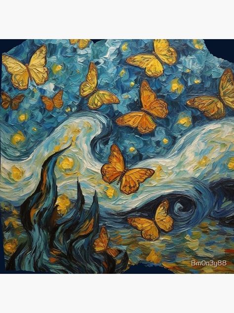 Famous Butterfly Painting, Van Gogh Butterfly, Aesthetic Butterfly Painting, Van Gogh Aesthetic, World Famous Paintings, Starry Night Painting, Philippine Art, Butterfly Pillow, Van Gogh Sunflowers