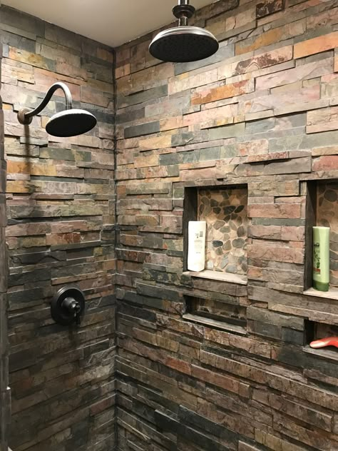 Bathroom Shower With No Door Walk In, Rock Shower Ideas Walk In, Walk In Stone Shower No Door, Natural Stone Showers Walk In, Rustic Bathroom Shower Tile Ideas, Big Walk In Showers, Walk In Shower With Wall, Stone Walk In Shower Ideas, Black Walk In Shower Ideas