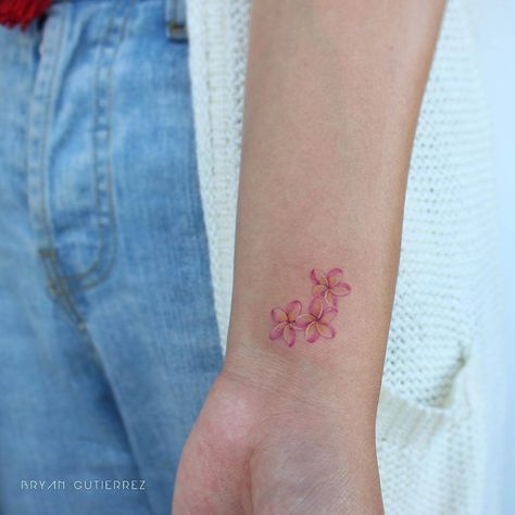 60 Plumeria Tattoo Design Ideas with Meaning – EntertainmentMesh Hawaii Flower Tattoos, Plumeria Flower Tattoos, Frangipani Tattoo, Tattoos On Wrist, Lotusblume Tattoo, Hawaiian Flower Tattoos, Plumeria Tattoo, Hibiscus Tattoo, Flower Wrist Tattoos