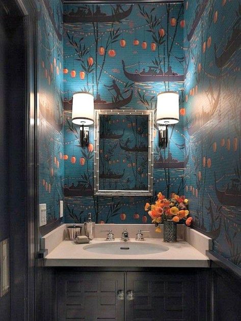 elegant powder rooms Beautiful Powder Rooms, Powder Room Wallpaper, Toile Wallpaper, Powder Room Design, Bad Inspiration, Romantic Home Decor, Chinoiserie Wallpaper, Unique Bathroom, Orange Wallpaper