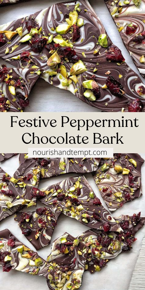 Shards of Christmas-inspired peppermint milk chocolate bark with white chocolate swirls, topped with pistachios and dried cranberries. Christmas Bark Gluten Free, Easy Large Batch Christmas Treats, Christmas Chocolate Bark In Oven, Almond Bark Recipes Chocolate, Festive Chocolate Bark, How To Make Bark, Holiday Bark Ideas, Easy Christmas Chocolate Bark, Candy Bark Ideas