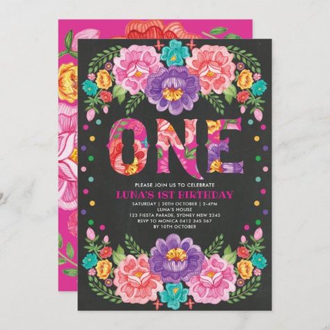 Cute Mexican Floral Fiesta 1st Birthday Chalkboard Invitation Fiesta 1st Birthday, 1st Birthday Chalkboard, Girls 3rd Birthday, Fiesta Birthday Party, Chalkboard Invitation, Girl 1st Birthday, Fiesta Theme, 2nd Birthday Invitations, 40th Birthday Invitations