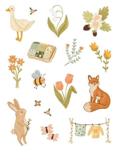 Spring Cute Drawings, Draw Spring Ideas, Spring Illustration Art Nature, Cute Drawings Plants, March Illustration Month, Vintage Cute Illustration, Cute Spring Stickers, Spring Animals Drawing, Spring Sticker Sheet