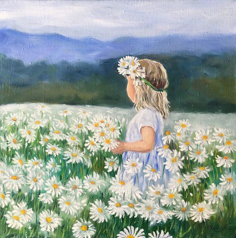 Handmade Canvas Art, Girl With Flowers, Daisy Art, Daisy Painting, Baby Painting, Painting Of Girl, Nature Art Painting, Daisy Flowers, Flowers Art