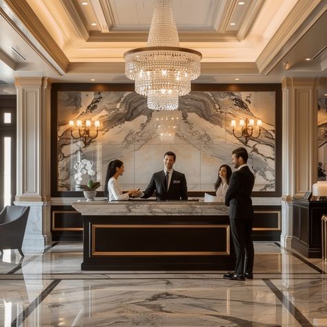 Elegant Hotel Lobby: Guests being greeted by a receptionist at a luxurious hotel lobby with an opulent chandelier. #hotel #lobby #reception #chandelier #marble #aiart #aiphoto #stockcake ⬇️ Download and 📝 Prompt 👉 https://stockcake.com/i/elegant-hotel-lobby_433215_211382 Modern Art Deco Hotel Lobby, Marble Lobby Design, Hotel Reception Ceiling Design, Beautiful Hotel Lobby, Luxury Hotel Decor, Hotel Reception Design Luxury, French Hotel Lobby, Reception Hotel Design, Luxury Hotel Lobby Lounge