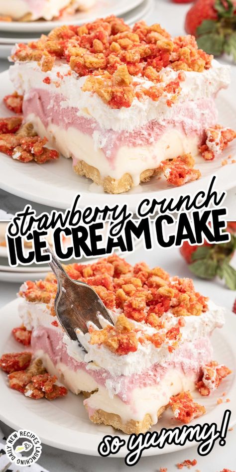 Strawberry Shortcake Ice Cream Cake is a delicious take on the Good Humor classic ice cream bars. Layers of creamy ice cream on a Golden Oreo base topped with homemade strawberry crunch! Strawberry Cheesecake Ice Cream Cake, Homemade Strawberry Crunch, Strawberry Shortcake Ice Cream Cake, Cheesecake Ice Cream Cake, Strawberry Ice Cream Bar, Layered Ice Cream Cake, Good Humor Ice Cream, Christmas Ice Cream Cake, Strawberry Ice Cream Cake