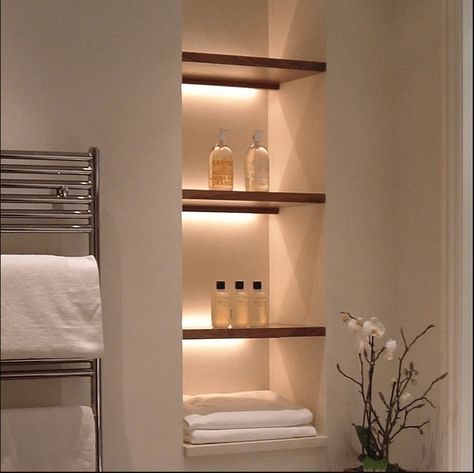 bathroom-niche-shelves-wood #bathroomshelves Niche Shelves, Float Shelf, Bathroom Display, Bathroom Lighting Design, Bathroom Niche, Recessed Shelves, Wall Niche, Bad Inspiration, Shelf Lighting