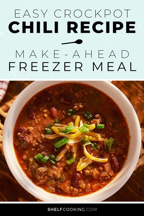 Comfort food has never tasted so good! Break out the slow cooker and make our super easy crockpot chili recipe. It can feed a ton of people and is the best make-ahead freezer meal idea. Chili Freezer Meal Crock Pot, Make Ahead Chili Freezer Cooking, Crockpot Chili Freezer Meal, Freezer Friendly Chili, Freezer Chili Recipe, Freezer Chili Crockpot, Keto Crockpot Freezer Dump Meals, Freezer Chili Make Ahead, Freezer Safe Meal Prep