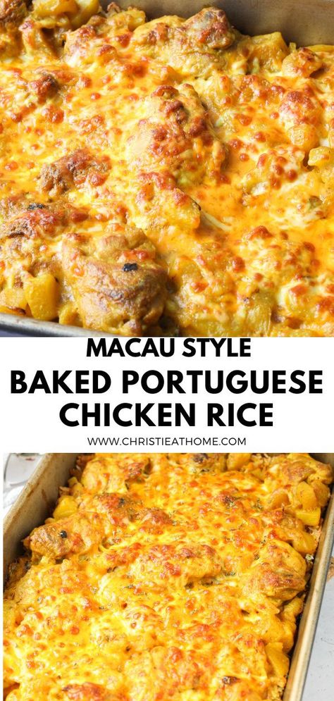 Macau-Style Baked Portuguese Chicken Rice. Delicious comforting chicken baked under melting cheese over rice with a coconut curry sauce. Great for dinner or leftovers for lunch. #casserole #recipes #oven #recipes oven #recipes easy dinners #recipes easy #casserole recipes #chicken and rice in the oven #simple chicken and rice recipes #chicken and rice dinners Casserole Recipes Oven, Easy Casserole Recipes Chicken, Simple Chicken And Rice Recipes, Chicken And Rice Dinners, Lunch Casserole Recipes, Simple Chicken And Rice, Portuguese Chicken Recipes, Recipes Chicken And Rice, Rice Dinners