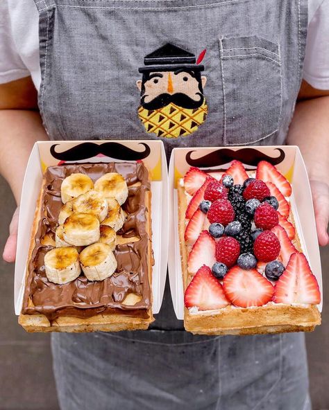 WAFFLEJACK on Instagram: “Not sure what kind of sweets your loved ones are craving today 🤔? Get him or her both a Berry Mascarpone Brussels Waffle and a Banana…” Cute Waffles, Caramel Waffles, Waffle Shop, Berry Waffles, Dessert Waffles, Breakfast Gift, Breakfast Waffles, Breakfast Bites, Waffle Toppings