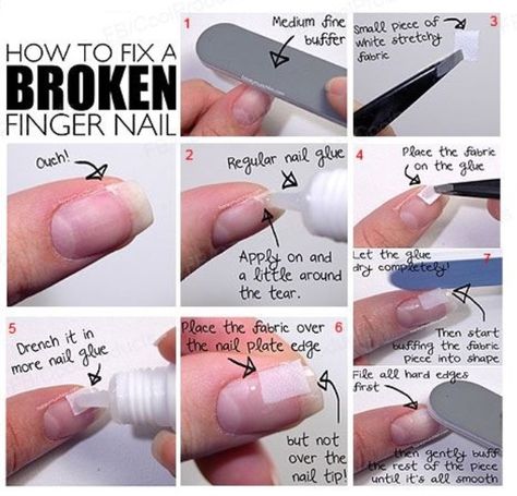 Visual step by step instructions on fixing a broken or cracked fingernail. Fix Cracked Nail, Fix Broken Nail, Split Nails, Broken Finger, Cracked Nails, Broken Nails, Diy Beauty Products, Nail Repair, Dry Nail Polish