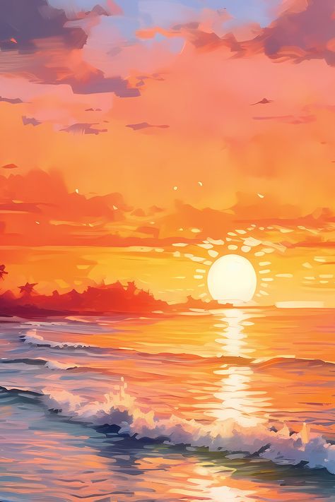 Wave Asethic, Sunset Drawing Aesthetic, Sunset Aesthetic Cartoon, Sunset Wallpaper Drawing, Aesthetic Sunset Drawing, Sunset Beach Drawing, Beach Sunset Illustration, Sunset Animated, Sunset Reference