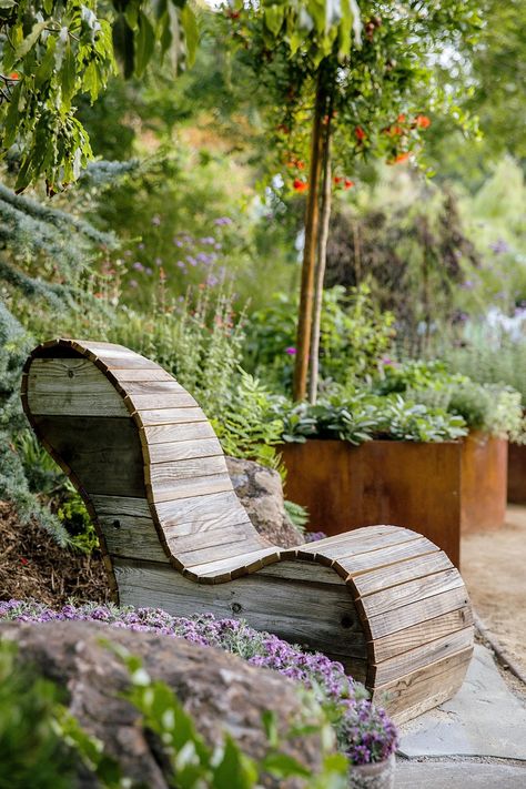 Wood Garden Chair, Seating Around A Tree, Reclaimed Wood Seating, Garden Chairs Outdoor Wood, Garden Chairs Ideas, Diy Garden Chair, Chairs In The Garden, Reclaimed Wood Chair, Outdoor Furniture Chairs