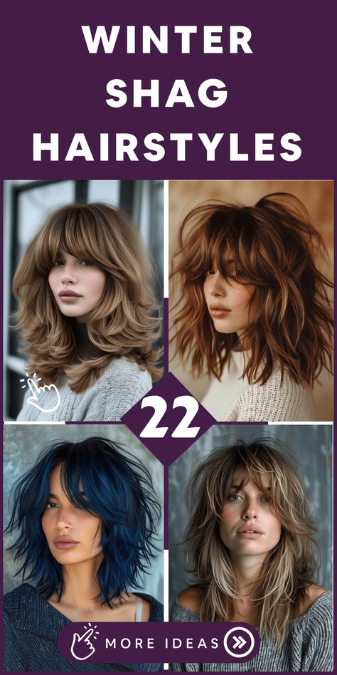 Experience the chic and effortless winter style with trendy winter shag hairstyles. This laid-back haircut enhances your look with textured layers and choppy ends, adding volume and movement to your hair effortlessly. Embrace the shaggy chic aesthetic this season while exploring your inner fashionista. Get ready to rock a cool vibe during the winter days! Super Shaggy Haircuts Medium, Choppy Medium Length Hair With Bangs, Sassy Haircuts Medium Choppy Layers, Updo Hairstyles For Shag Haircut, Curtain Bangs With Shaggy Layers, Medium Length Haircut Choppy Layers, Shag Lob With Bangs, Bangs With Shag, Medium Length Shag Haircuts With Bangs