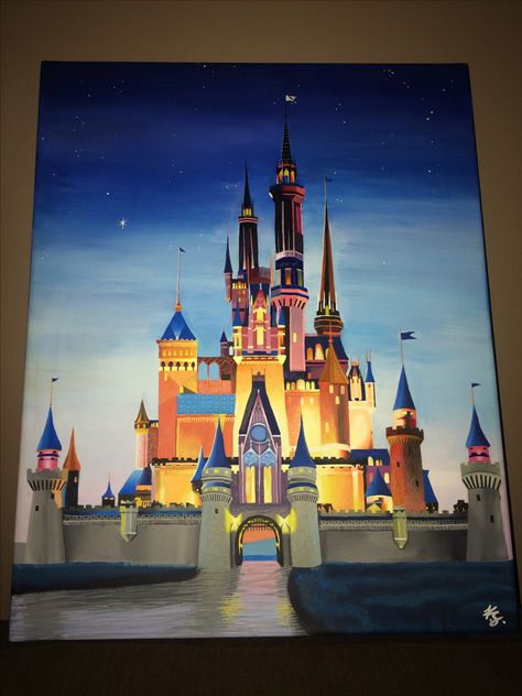 Disney Cinderella Castle painting on canvas✨ $300 Canvas Beginners, Disney Castle Drawing, Disney Canvas Paintings, Art Mini Toile, Castle Drawing, Disney Canvas Art, Castle Painting, Disney Canvas, Disney Paintings