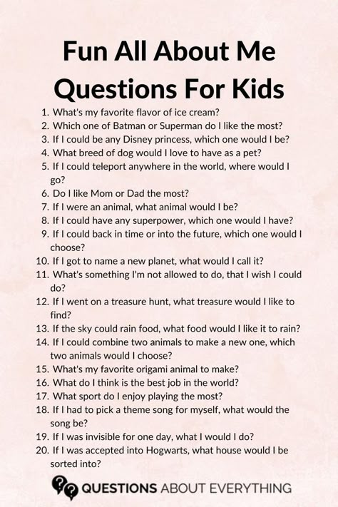 list of 20 all about me questions for kids About Me Questions For Kids, Fun Icebreaker Questions, All About Me Questions, Family Night Activities, Icebreaker Questions, Conversation Starters For Kids, Questions For Kids, Kids Questions, You Are My Moon