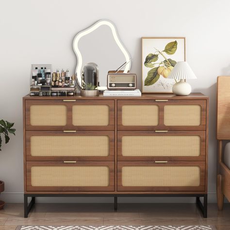 PRICES MAY VARY. ✨Reliable Material and Stable Structure: Our rattan dresser is made of high-quality MDF, with smooth rails and metal handles to easily pull out and close the drawers. Sturdy metal leg supports improve flexibility and load-bearing capacity and will not break or deform easily. ✨Modern Rattan Finish: The exquisite rattan design with a solid wood frame is made of reliable PVC rattan, which can provide perfect visual effects and add charm to your home. Each drawer features soft-touch Dresser With Rattan, Boho Chest Of Drawers, Rattan Drawers, Rattan Dresser, Closet Living Room, Dresser Modern, Drawers For Bedroom, Boy Dresser, Rattan Design