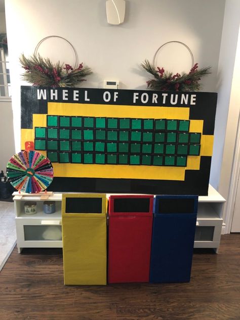 wheel of fortune idea diy board Wheel Of Fortune Board Diy, Wheel Of Fortune Decorations, Wheel Of Fortune Party Ideas, Wheel Of Fortune Trunk Or Treat, Diy Game Show Games, Board Game Crafts For Kids, Fun Nursing Home Activities, Game Show Decorations, Board Game Theme Party Decorations