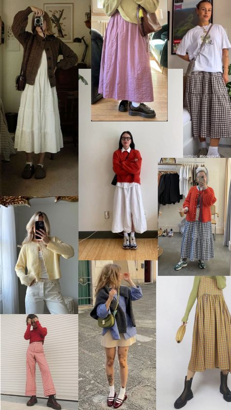 long skirt early fall outfit inspo Big Sweater Long Skirt Outfit, Long Skirt And Jacket Outfit, Long Skirts With Sweaters Outfit, Japan Trip Outfit, Gallery Date Outfit, Long Jean Skirt Outfit, Art Gallery Date Outfit, Long Skirt Outfits For Winter, Outfit Collage Aesthetic