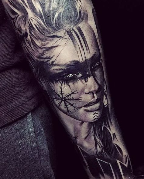 Viking Warrior Tattoos, Valkyrie Tattoo, Viking Tattoo Sleeve, Vikings Tattoo, Hyper Realistic Tattoo, Throat Tattoo, Cool Arm Tattoos, Shoulder Arm Tattoos, Warrior Tattoos