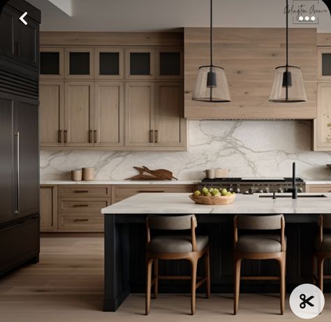 Woody And Black Kitchen, Kitchen Oak And Black, White Rift Oak Kitchen Cabinets, Black Island With Wood Cabinets, Wood Toned Kitchen Cabinets, White Oak Cabinets With Black Hardware, Two Tone Kitchen Cabinets Wood And Black, Light Wood And Black Kitchen, White Oak Kitchen With Black Accents