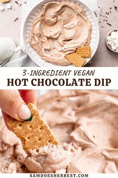 Blissfully easy and delicious vegan hot chocolate dip! Made with just 3 ingredients, no cooking or baking required. This fool-proof dessert recipe is perfect for holiday parties or potlucks! Dessert Dips Dairy Free, Vegan Dips For Parties Sweet, Vegan Chocolate Dip, Vegan Potluck Dessert, Vegan Dessert Dip, Christmas Appetizers Dairy Free, Easy Dairy Free Appetizers, Dairy Free Potluck Recipes, Dairy Free Dips For Parties